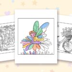 Blooming Corner coloring pages: a crayon colored sample and free printable sheets