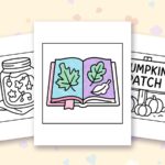 Bold Easy Comfy Fall coloring pages: a crayon colored sample and free printable sheets