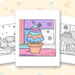Bold Easy Cozy Winter coloring pages: a crayon colored sample and free printable sheets