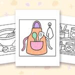 Bold Easy Kitchen Stuff coloring pages: a crayon colored sample and free printable sheets