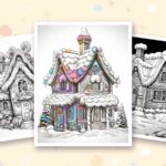 Christmas Gingerbread coloring pages: a crayon colored sample and free printable sheets