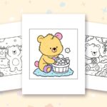 Cozy Bear coloring pages: a crayon colored sample and free printable sheets