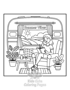 Printable Cozy Girl with Summer Vibes coloring sheet for preschoolers
