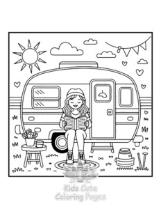 Cozy Girl with Summer Vibes coloring page for classroom activities