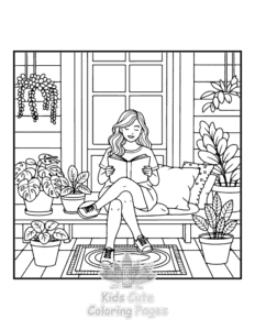 Printable Cozy Girl with Summer Vibes coloring sheet for preschoolers