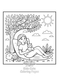 Printable Cozy Girl with Summer Vibes coloring sheet for preschoolers