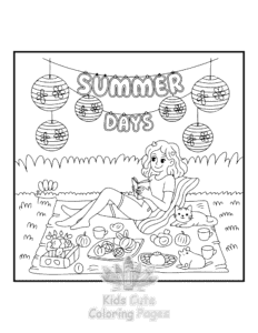 Printable Cozy Girl with Summer Vibes coloring sheet for preschoolers