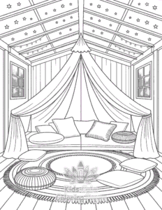 Printable Cozy Spaces coloring sheet for preschoolers