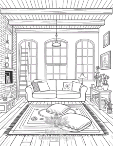 Printable Cozy Spaces coloring sheet for preschoolers