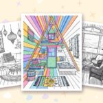 Cozy Spaces coloring pages: a crayon colored sample and free printable sheets