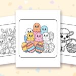 Cute Easter coloring pages: a crayon colored sample and free printable sheets
