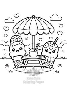 Cute Kawaii Ice Cream coloring page for girls, free to print