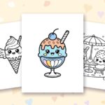Cute Kawaii Ice Cream coloring pages: a crayon colored sample and free printable sheets