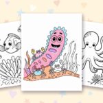 Cute Ocean Animals coloring pages: a crayon colored sample and free printable sheets