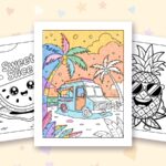 Cute Summer coloring pages: a crayon colored sample and free printable sheets