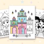 Diwali coloring pages: a crayon colored sample and free printable sheets
