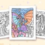 Dragon Moments coloring pages: a crayon colored sample and free printable sheets