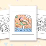 Flamingo coloring pages: a crayon colored sample and free printable sheets
