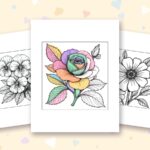 Flowers coloring pages: a crayon colored sample and free printable sheets