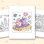 Fluffy Hygge Cozy Fall coloring pages: a crayon colored sample and free printable sheets