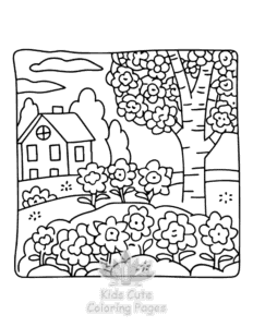 Garden and Tree Cozy coloring page for girls, free to print