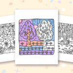 Garden And Tree Cozy coloring pages: a crayon colored sample and free printable sheets