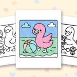 Goose Summer coloring pages: a crayon colored sample and free printable sheets