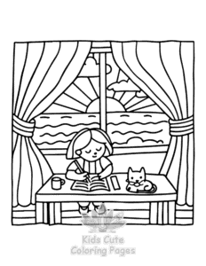 Printable Lazy Day with Cat coloring sheet for preschoolers