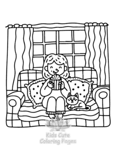Printable Lazy Day with Cat coloring sheet for preschoolers