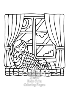 Printable Lazy Day with Cat coloring sheet for preschoolers