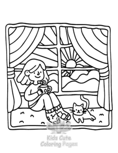 Simple Lazy Day with Cat coloring page for toddlers