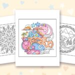 Mandala Nature coloring pages: a crayon colored sample and free printable sheets