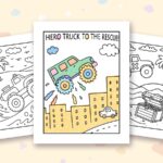 Monster Truck coloring pages: a crayon colored sample and free printable sheets