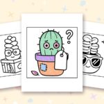 Potted Cuties coloring pages: a crayon colored sample and free printable sheets
