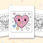 Sweet Hearts coloring pages: a crayon colored sample and free printable sheets