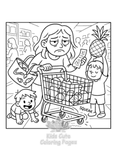 Tired Mom coloring page for girls, free to print