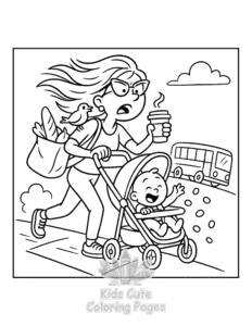 Tired Mom coloring page for girls, free to print