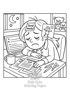 Tired Mom coloring page for boys, printable at home