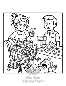 Tired Mom coloring page for boys, printable at home