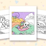 Turtle coloring pages: a crayon colored sample and free printable sheets