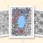 Zentangle Flowers coloring pages: a crayon colored sample and free printable sheets